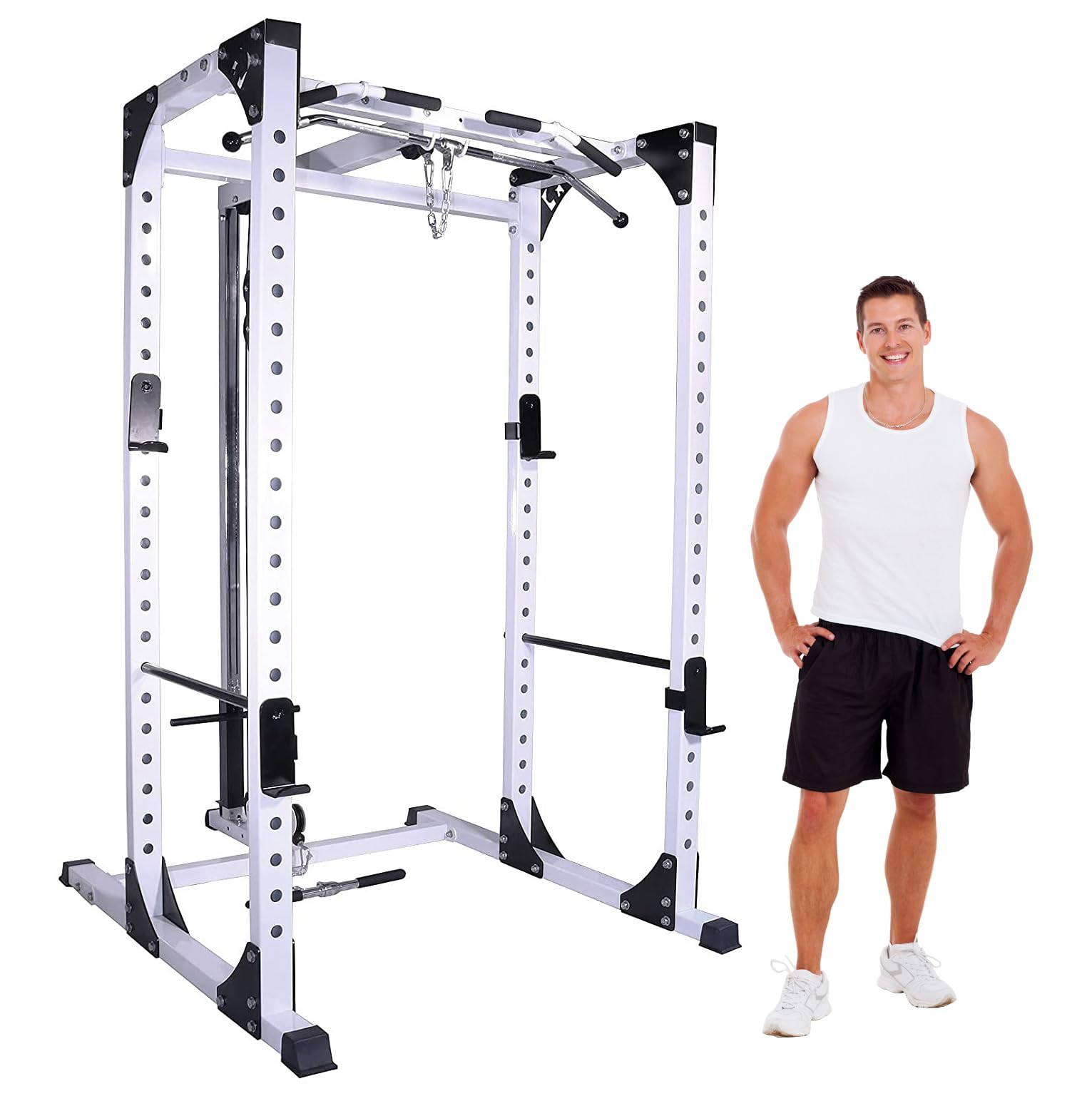 Deltech Fitness DF825L Heavy Duty Squat Rack with Lat Attachment, 1000 lb Weight Capacity, Black and White