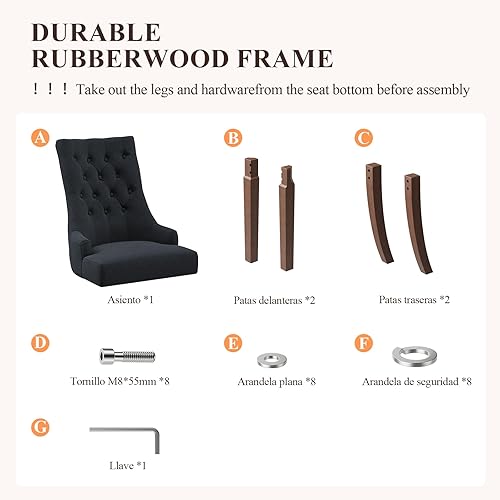 Miniatura 14 de COLAMY Juego de 2 sillas de comedor con botón copetudo, sillas de comedor tapizadas con patas de madera, sillas de cocina con respaldo alado para