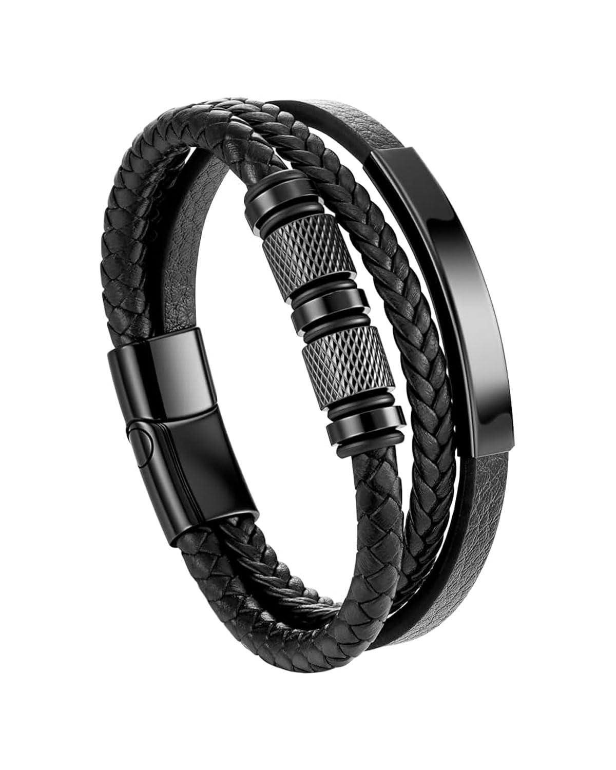 SCJJZ 1Pcs Pulsera Hombre de piel para negro - Brazalete Hombre correa de cuero auténtico trenzado, pulsera enrollable ancha con cierre, Cuero