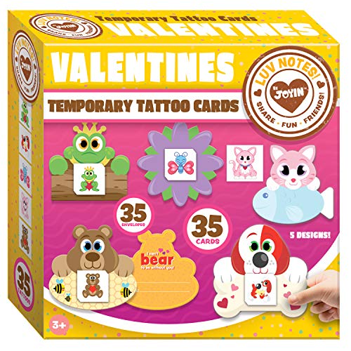 JOYIN 35 Packs Valentines Day Gifts Cards, Valentine's Greeting Cards for Kids with Animal Themed Temporary Tattoos Valentine Classroom Exchange Cards Valentine Party Favor Toy