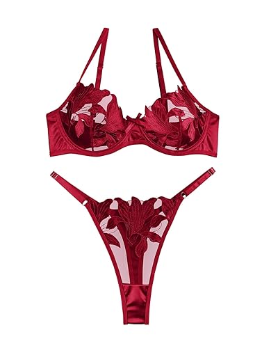 Lilosy Sexy Satin Mesh Floral Sheer Embroidered Underwire Lingerie Set 2 Piece Women - Medium - Wine Red