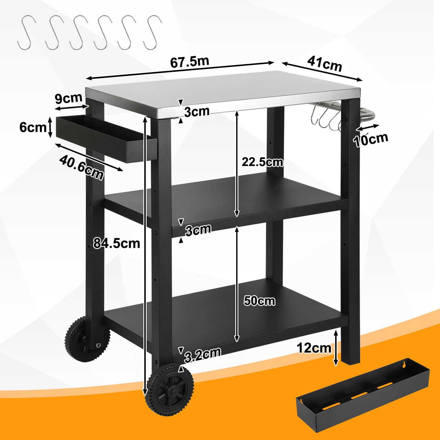 Carro de barbacoa regulable en altura, mesa de barbacoa con 3 estantes, 6 ganchos, asa y estante para especias, carrito de cocina al aire libre con ruedas, mesa de acero inoxidable para jardín