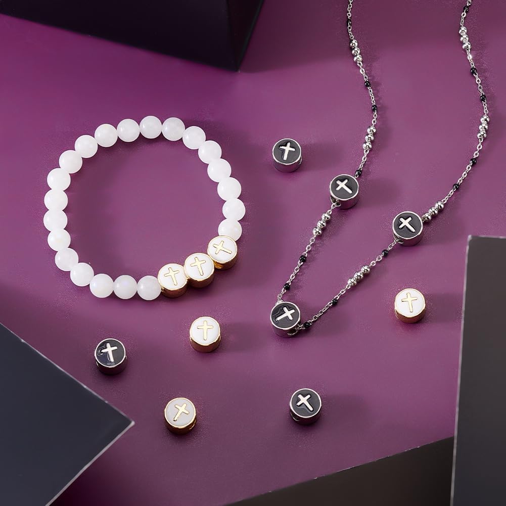 AHANDMAKER 12pcs Real 18K Gold Plated Brass Enamel European Beads Black 5mm Large Hole Beads Flat Round Cross Bead Spacer Charms for Jewelry Crafts Making Gifts for Family/Lover/Friends - Image 4