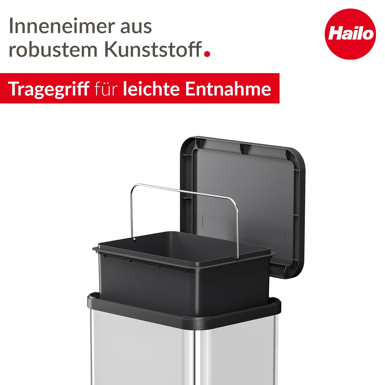 Hailo Öko uno Plus M Tret-Mülleimer - freistehender 17 Liter Abfallsammler aus Edelstahl für die Küche - Küchenabfalleimer mit soft close Deckel - Müllbehälter mit Fußpedal | Uno Plus M, Volumen 17 l, Edelstahl