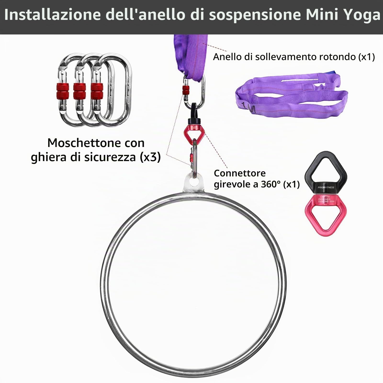 PRIOR FITNESS Cerchio aereo in acciaio inox da 45 cm - Set di cerchi per lo yoga - Cerchio per lo yoga aereo con accessori - Per l'acrobatica aerea e la ginnastica aerea