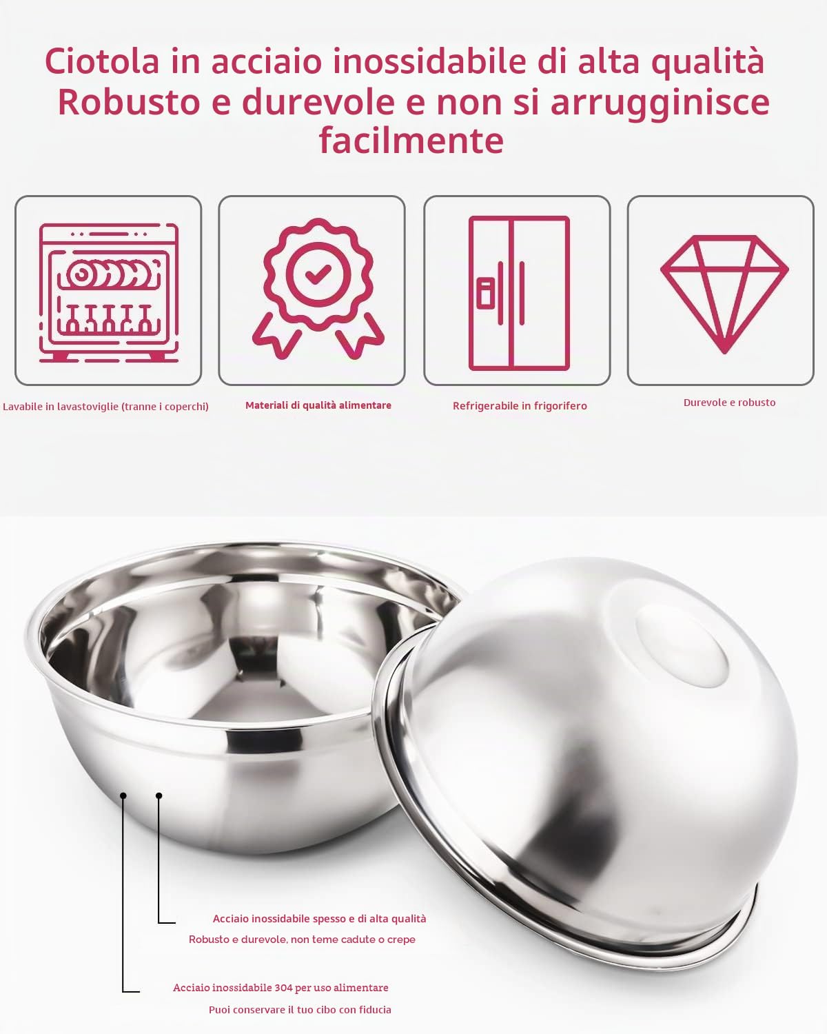 Set di 7 ciotole in acciaio inossidabile con coperchi colorati, ciotole miscelatori, insalatiere, impilabili per riporre minimi, cottura essenziale, utensili da cucina