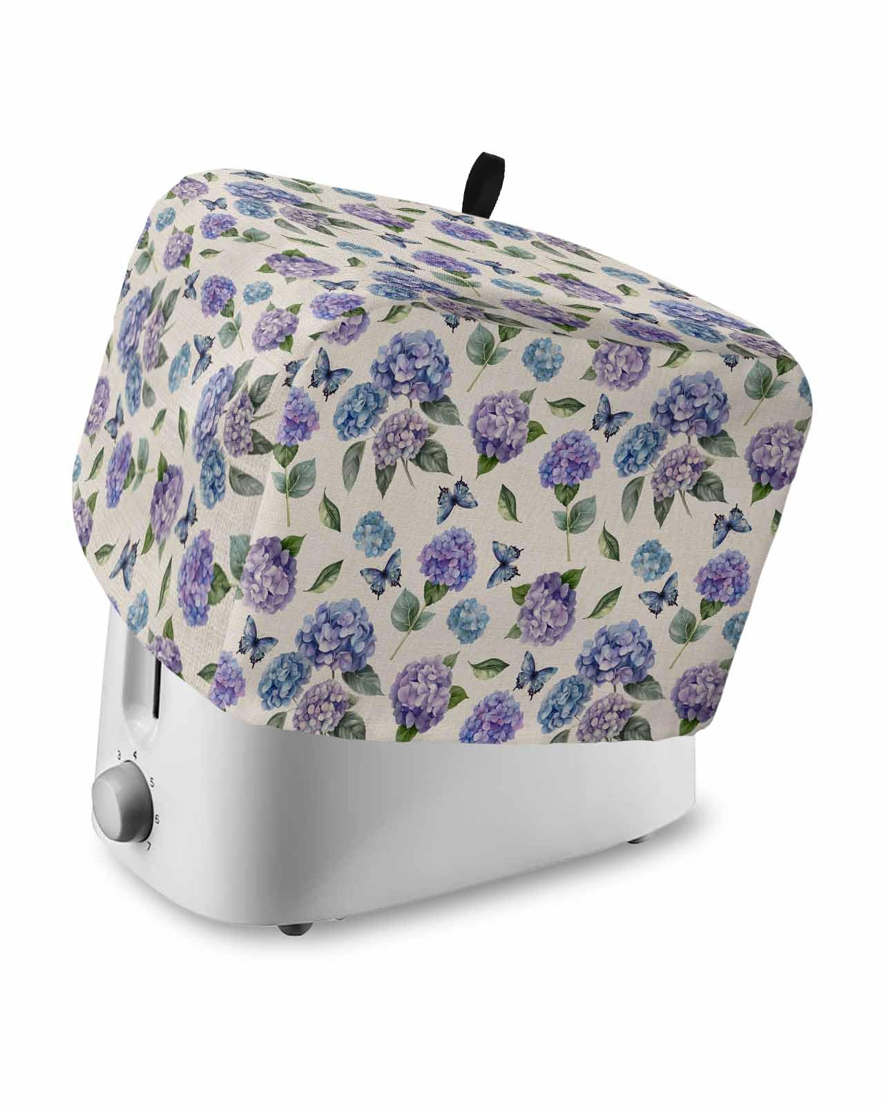 Purple Blue Hydrangea Toaster Cover 2 Slice, Pastoral Butterfly Botanical Dustproof Bread Machine Oven Cover with Storage Pockets, Fits Most Kitchen Toasters Protector