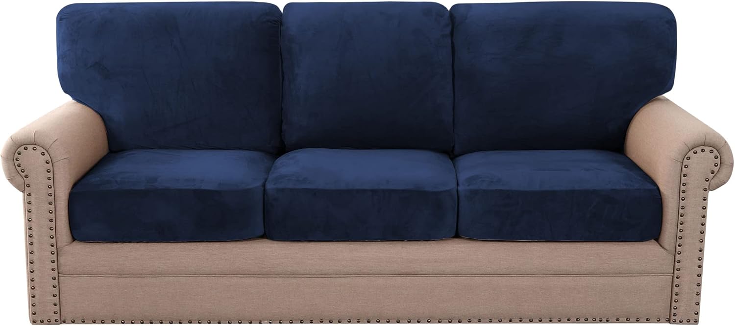 6 Pieces Soft Velvet Couch Covers for 3 Cushion Covers and 3 Backrest Covers Stretch Sofa Couch Cover for Dogs Pet, Machine Washable (Sofa, Navy)