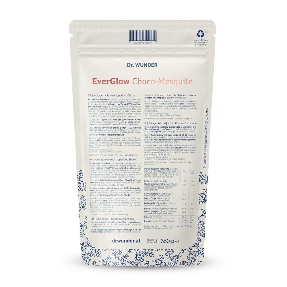Dr. Wunder EverGlow Choco-Mesquite 350g: Kollagen-Protein Shake mit Kreatin | vegetarisches Eierschalenmembran-Kollagen (Typ I, V, X) | mit Ashwagandha & Shatavari | ohne Zucker – ketotauglich