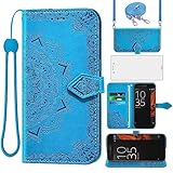 Asuwish Handyhülle für Sony Xperia XZ/XZs F8331 Hülle mit Band & Glas Folie Schutzfolie Kartenfach Klappbar Leder Geldbörse Ständer ZX Handy Hüllen Mandala Schutzhülle Handyhüllen Phone Hülle Blau