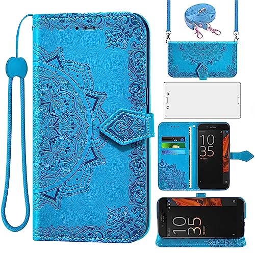 Asuwish Handyhülle für Sony Xperia XZ/XZs F8331 Hülle mit Band & Glas Folie Schutzfolie Kartenfach Klappbar Leder Geldbörse Ständer ZX Handy Hüllen Mandala Schutzhülle Handyhüllen Phone Hülle Blau
