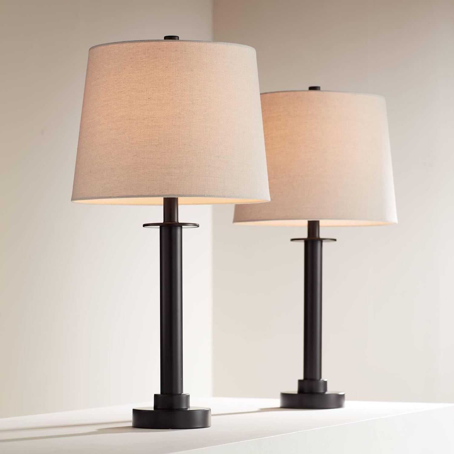 360 Lighting Rockford 26" High Farmhouse Rustic Set of 2 3-Way Table Lamps with USB Ports A+C Charging Brown Bronze Finish Metal Fabric White Shade Living Room Bedroom Bedside Nightstand House