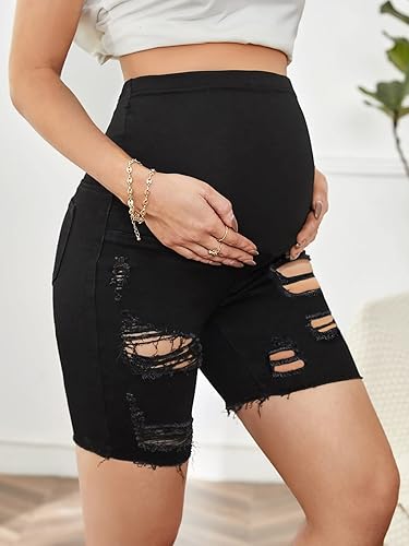 Miniatura 4 de Floerns Pantalones cortos de mezclilla de maternidad para mujer con dobladillo enrollado