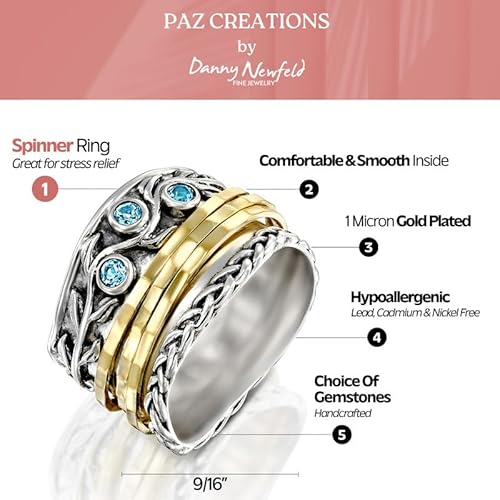 Paz Creations Spinner Rings With Natural Gemstone - Boho Fidget Rings For Anxiety Women - Floral Hammered Pattern Sturdy Wide Sterling Silver Band - Handcrafted Artisan Jewelry -Blue Topaz Size 8 #TOP2