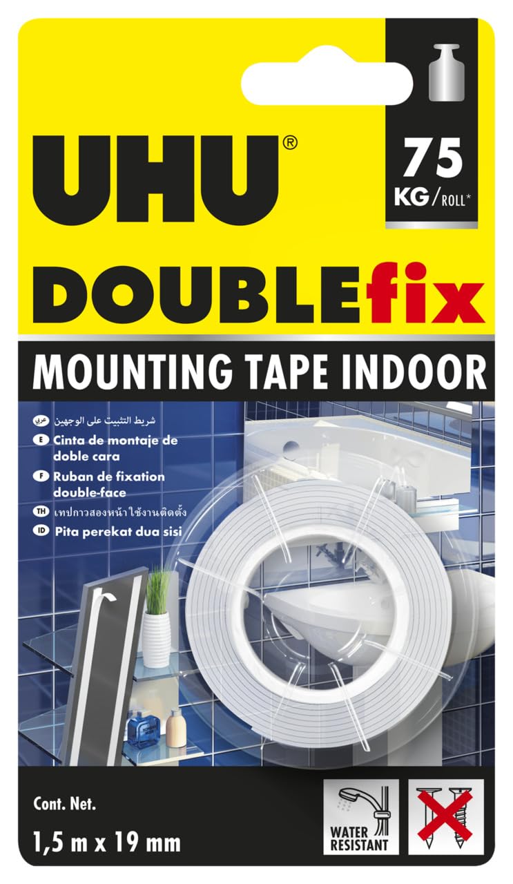 Uhu Doublefix Mounting Tape, Double Sided Tape Roll, 1.5 M X 19 mm, Indoors, White