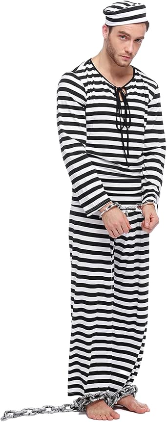 Men Prisoner Costume Adult Striped Prisoner Costume Black White Long Sleeve Prisoner Uniform Jail Costume Halloween