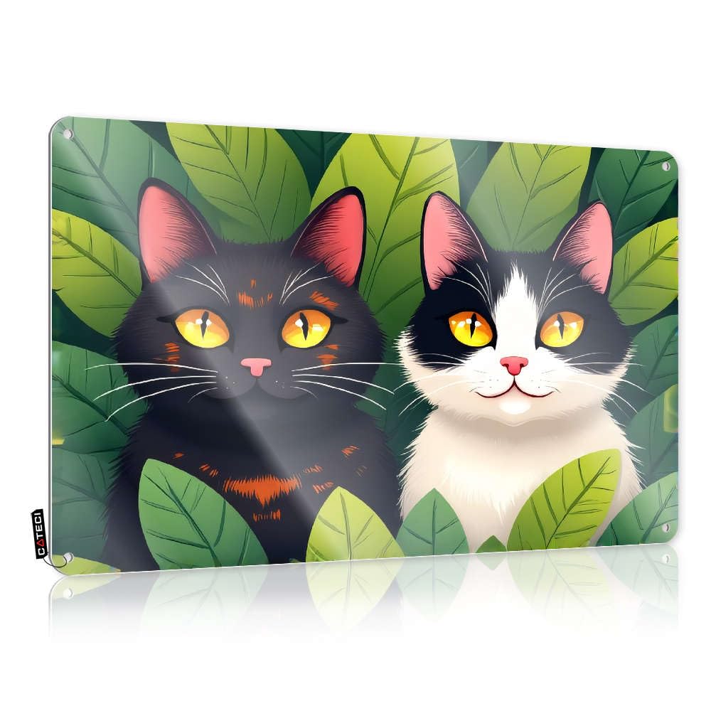 Flags For Bedroom Two Cats With Striking Yellow Eyes Surrounded By Lush Green Leaves. Tin Sign Teen Room Decor Teen Boy Room Decor(30X40CM)