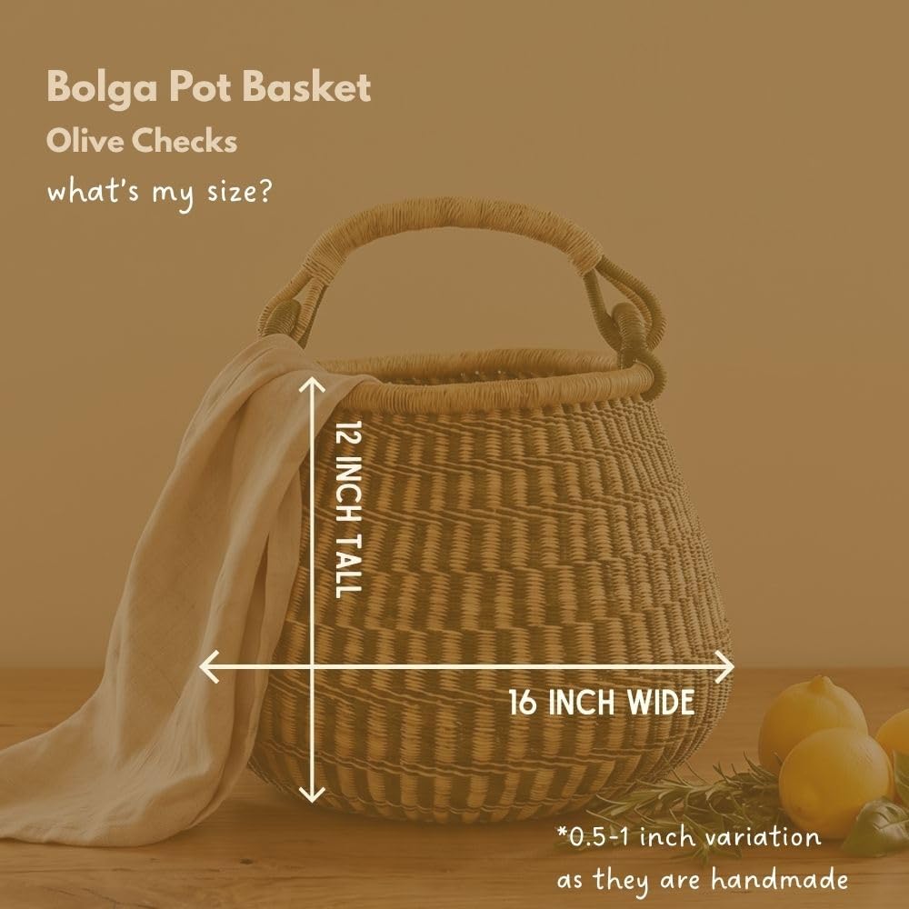 African Woven Basket for Garden Harvest, Olive Green, 16" Wide