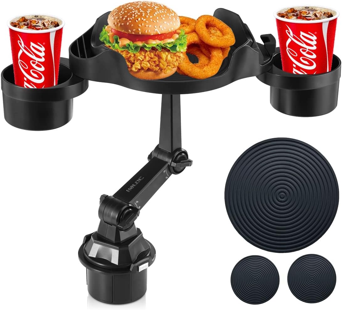 X Spring Car Cup Holder Tray, 360 Degrees Rotatable Food Tray With Phone Slot, Adjustable Base, Multifunctional Expander With Swivel Arm for Car