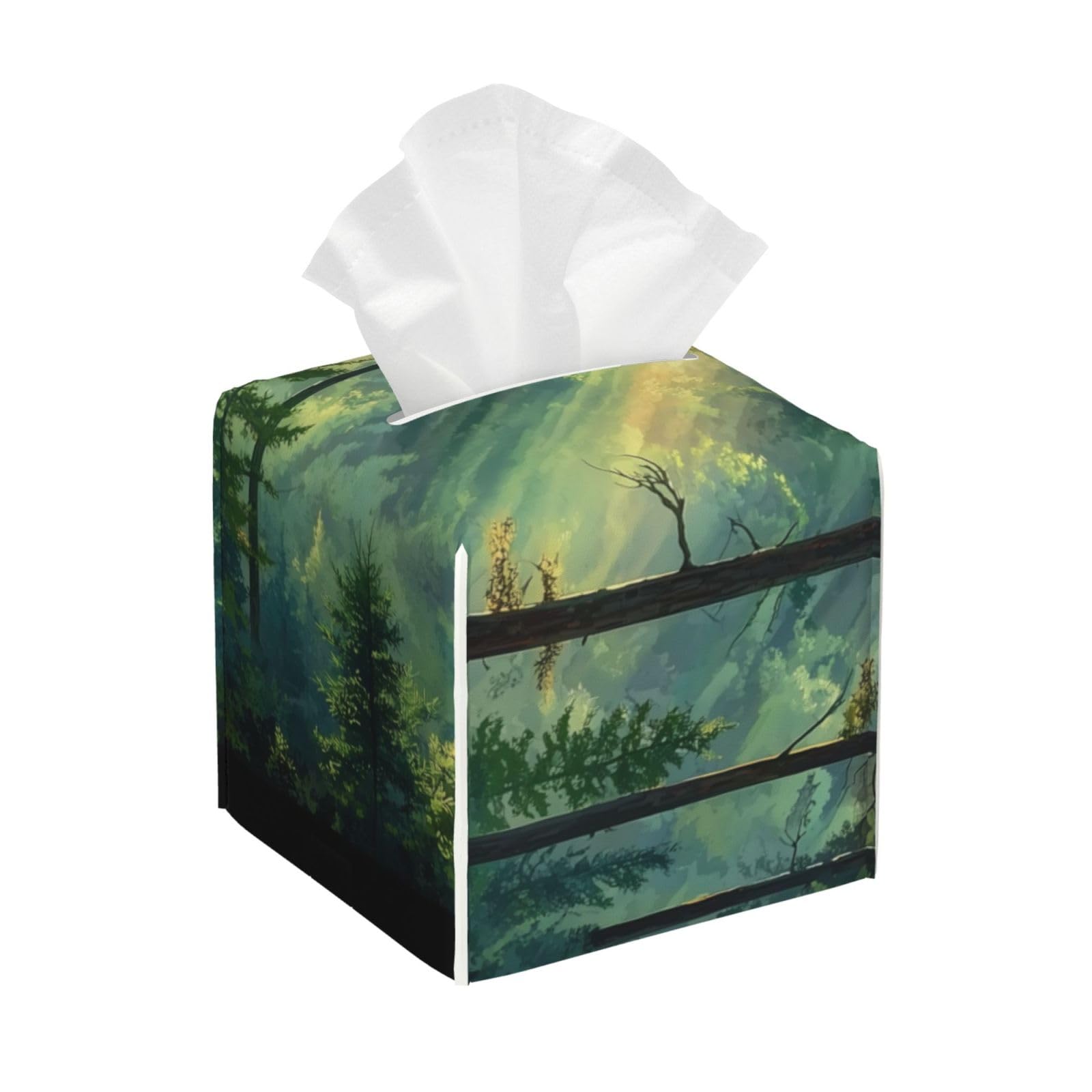 Tissue Box Cover, Forest Leather Tissue Box Cover Square Organizer, Room Decoration For Bathroom Kitchen Office Night Stands Tabletop