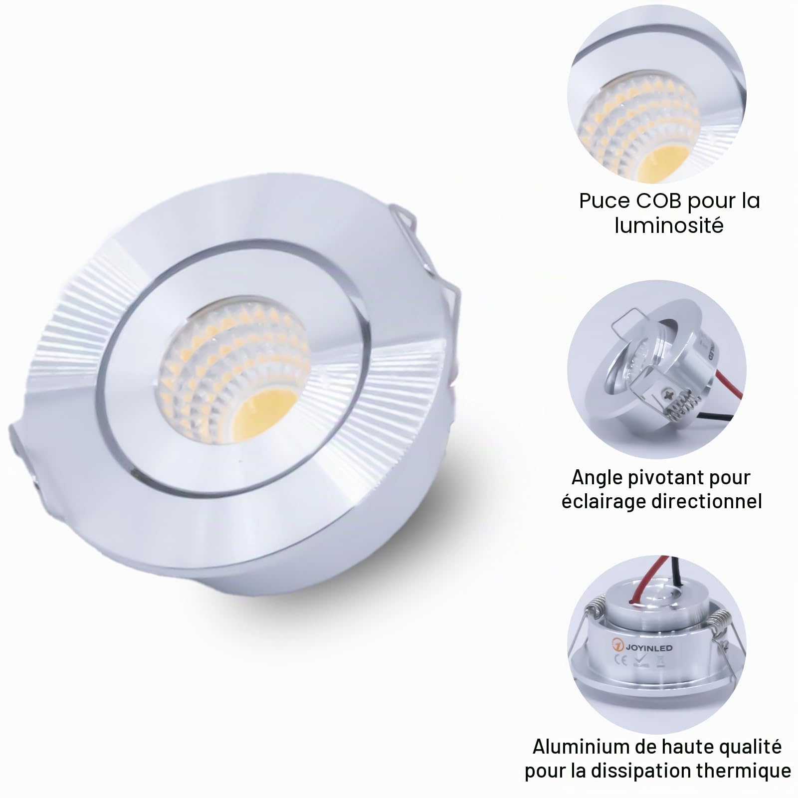 Lot de 10 mini spots orientables à intensité variable Blanc chaud 3 W COB LED Ceiling Light, taille du trou 42-45 mm, 3000 K couleur argentée pour armoire à domicile DIY