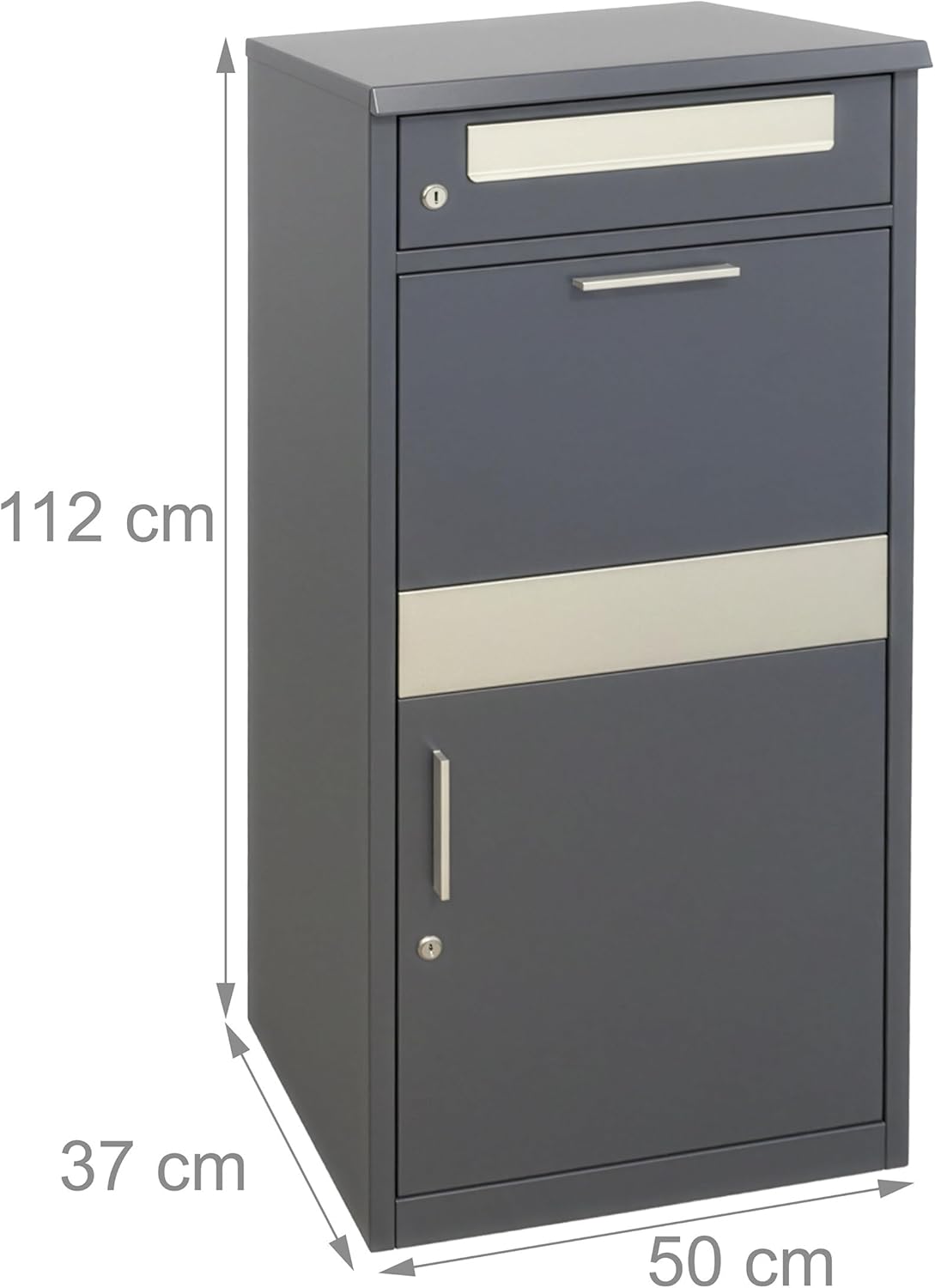 Relaxdays Letter Box with Parcel Compartment, 4 Keys, H x W x D: 112 x 50 x 37 cm, Iron & Stainless Steel, Dark Grey/Silver