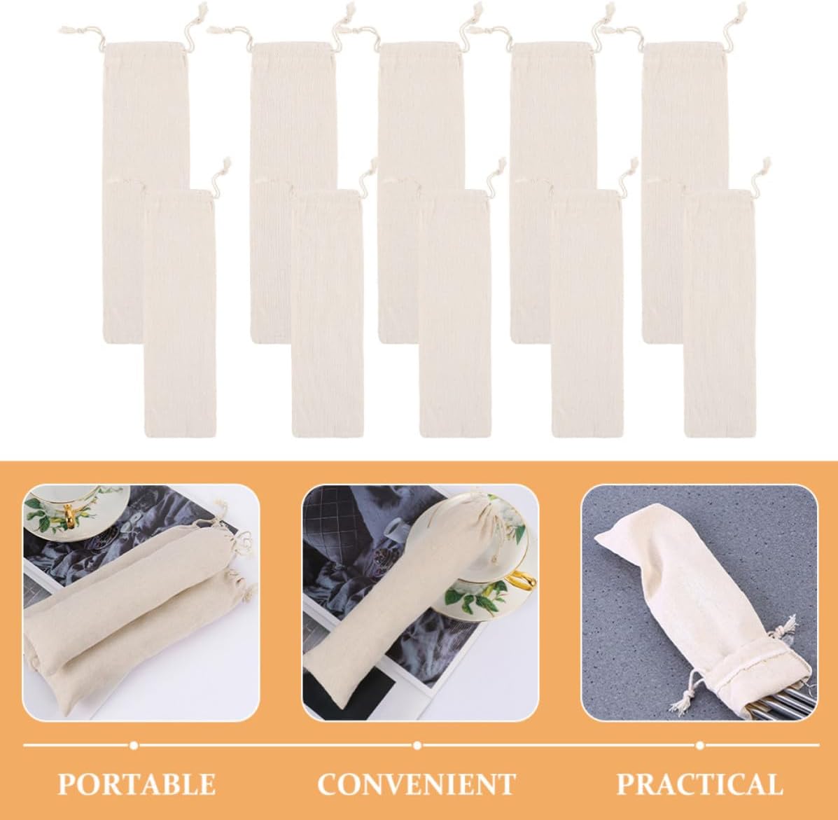 Outanaya 10pcs Cotton Linen Drawstring Bags for Cutlery Storage, Space-saving and Easy to Use Tableware Pouches with Simple Design, for Picnic and Lunch Bag Organization