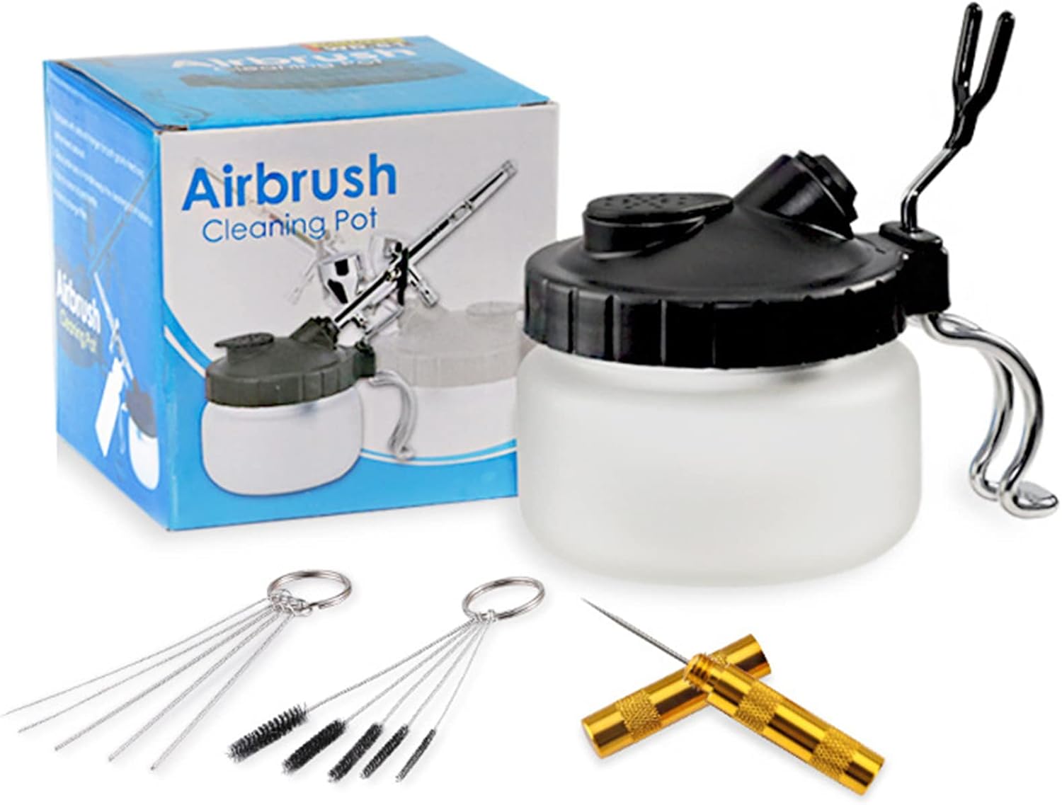 Airbrush Cleaning Kit, Spray Gun Cleaning Pot with Stainless Steel Needle Tool and Brush