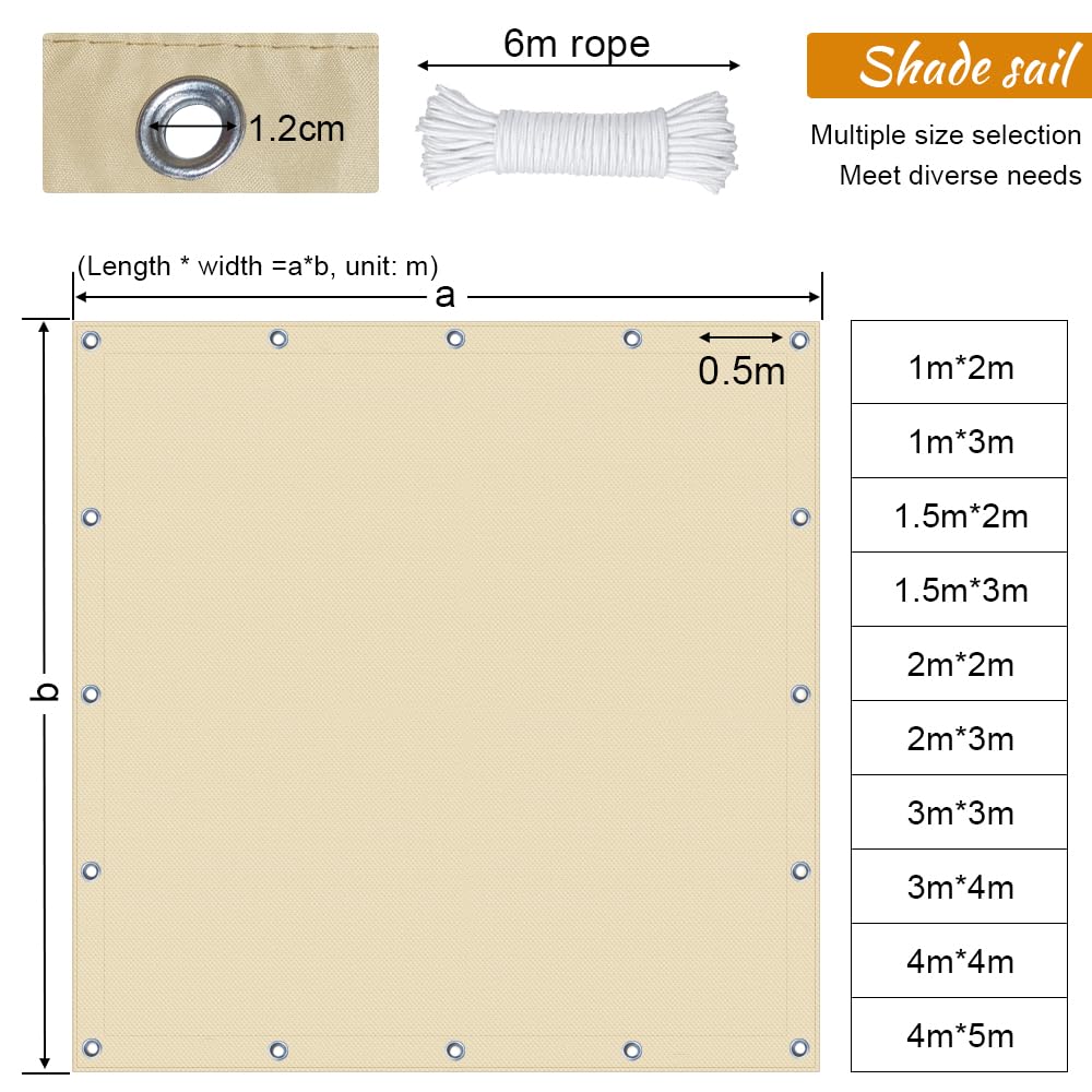 Sonnensegel Wasserdicht, Sonnensegel Rechteckig Mit Ösen, Markisenstoff UV Schutz 95%, Segeltuch Sonnenschutz Balkon Terrasse Mit Seil, Für Innenhof, Rasen, Garten, Park (Creme Farben, 1.5 * 2m)