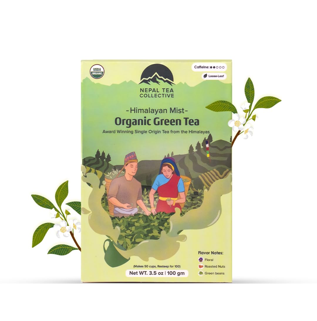 NEPAL TEA Organic Green Tea Loose Leaf - Premium USDA Certified Organic Loose Leaf Tea - Single Origin from Award Winning Family Farm in the Himalayas - 3.5Oz / 100g (Himalayan Mist)