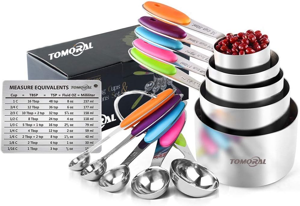 TOMORAL Measuring Cups and Spoons Set of 13, Durable 304 Stainless Steel 5 Measuring Cups and 5 Measuring Spoons with 2 O Rings and Magnetic Measurement Conversion Chart