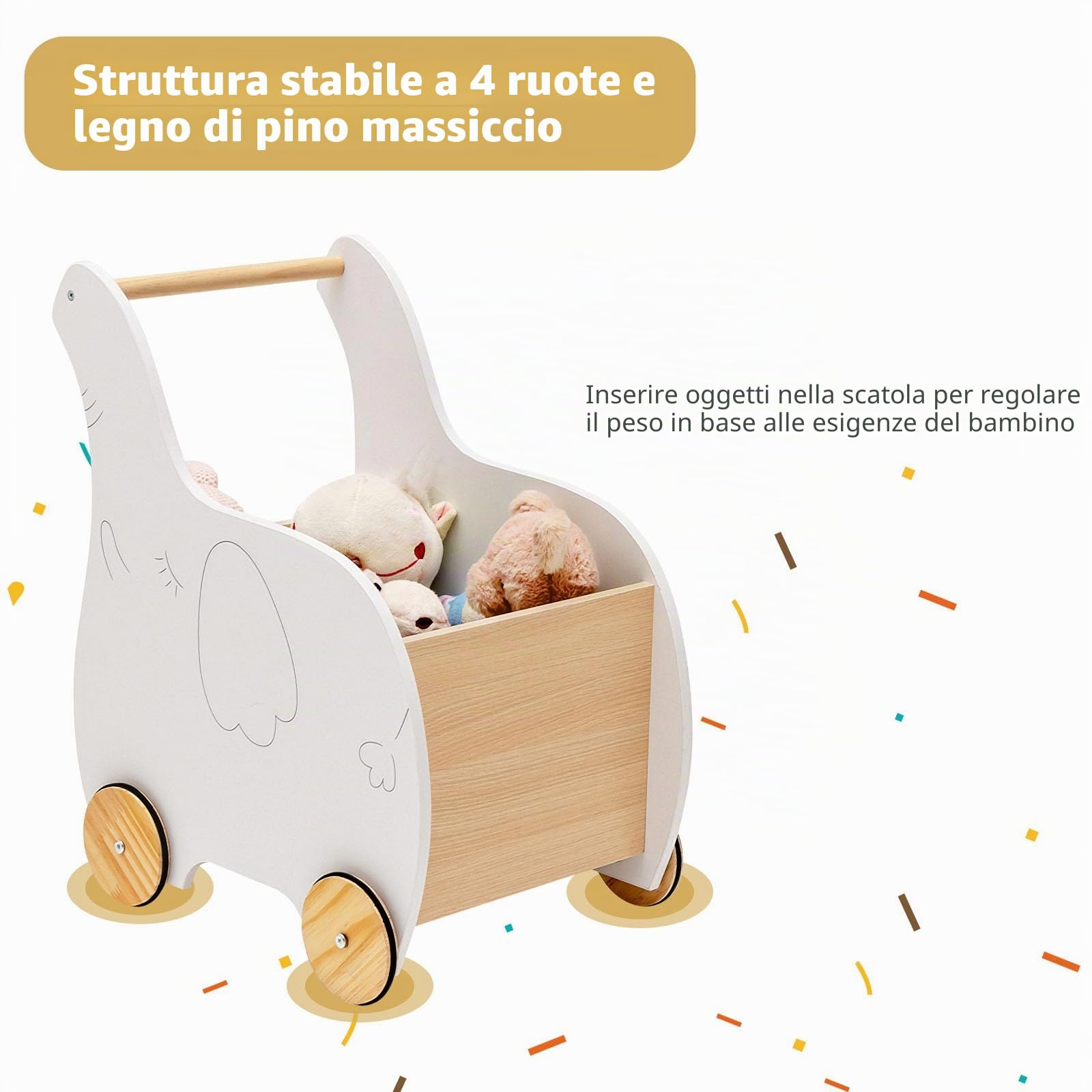 LIFEZEAL Girello per Bambini, Girello Neonato, Baby Walker, in Legno, Primi Passi per Bambini, con Spazio di Archiviazione, Girello Bimba per 12-36 Mesi, Carrello Primi Passi con Ruote, Bianco
