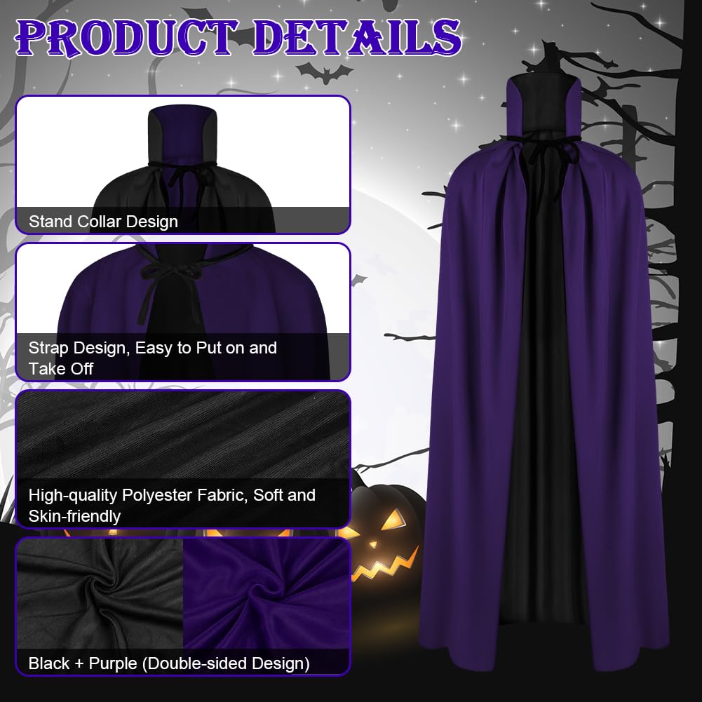 AOOWU Mantello Vampiro Bambini, Mantello Reversibile Mantello Nero Viola di Halloween, Vampiro Collo Alto Mantello Unisex per Carnevale, Cosplay Travestimento, 90cm