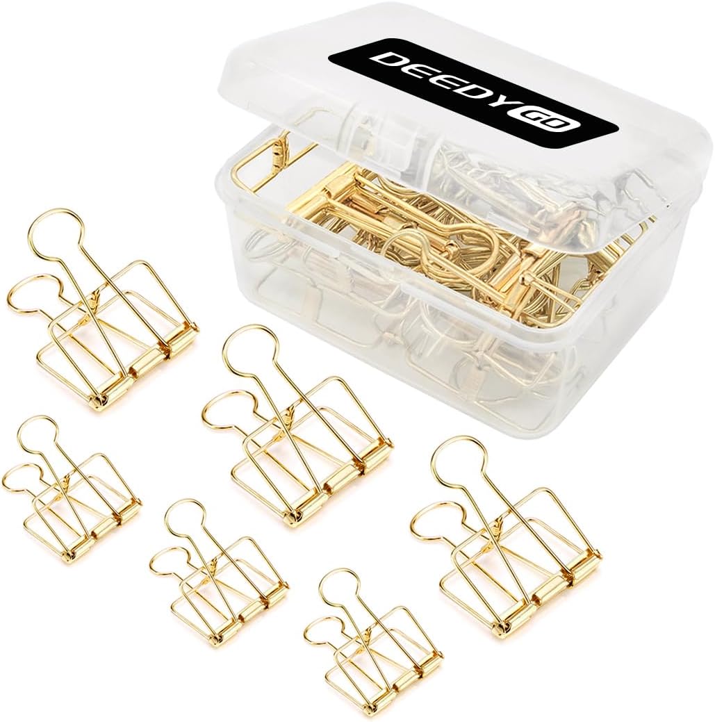 DEEDYGO 20 PCS Gold Wire Binder Clips, Assorted Sizes (10 Medium, 10 Small) | Stainless Steel Hollow Binder Clamps for Paperwork, Sewing, Crafts, Teacher, Office School Supplies, Food Packages
