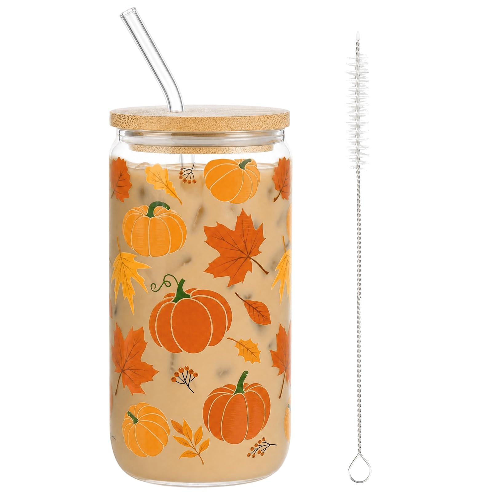 JoyAura Pumpkin 16oz Glass Tumbler with Straw Lid Fall Gifts for Women Men