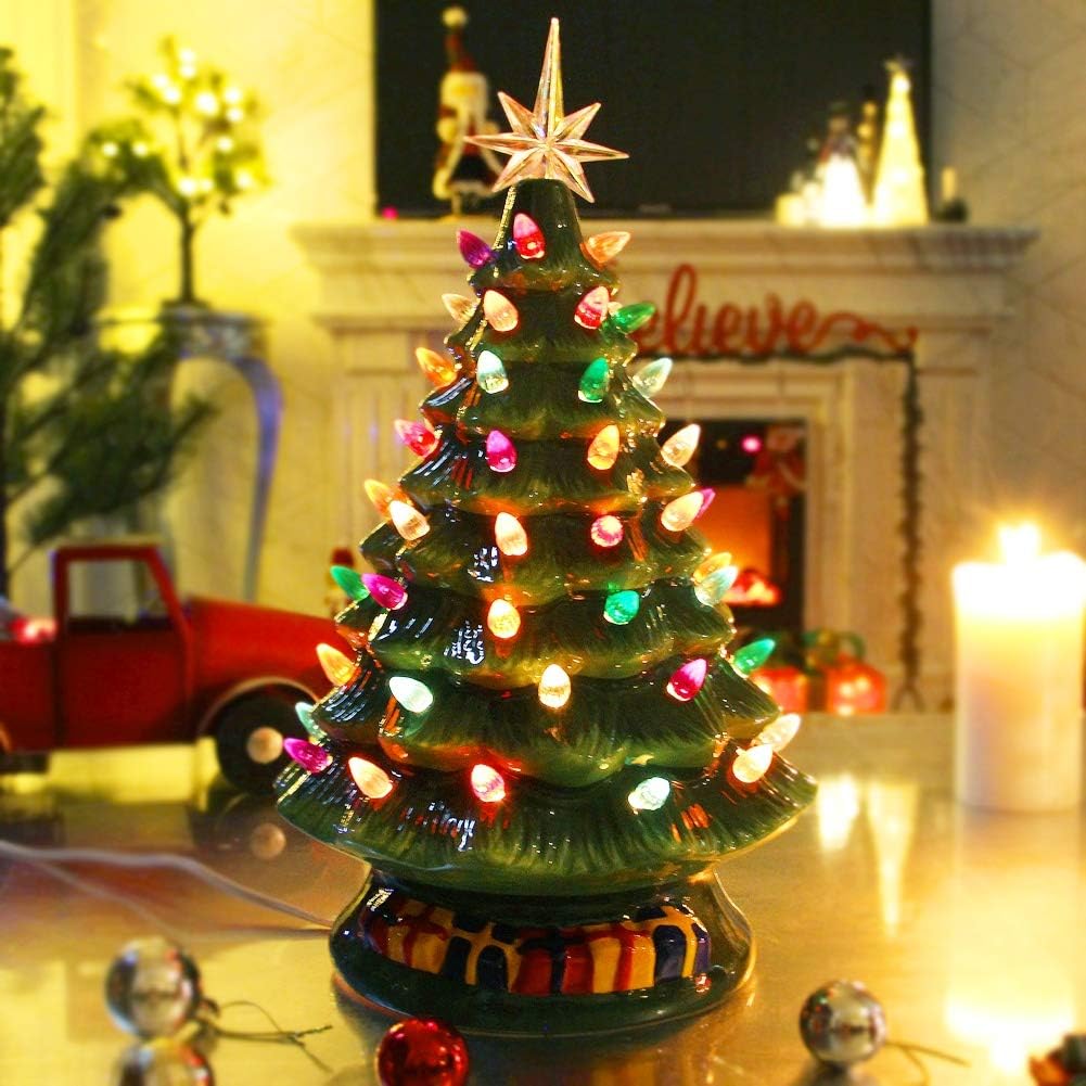 Blissun 15" Ceramic Christmas Tree, Tabletop Christmas Tree Lights Decorations with 63 Multicolored Lights and 7 Point Star Topper for Christmas Table Decorations