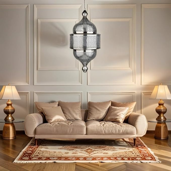 Marrakesch Marrakesh Hanglamp, 56 cm, grote metalen lampenkap, lamp, lamp, woonkamerlamp Ihdaa zilver, als esthetische decoratie in de woonkamer, eetkamerlamp boven de eettafel in de eetkamer photo 3