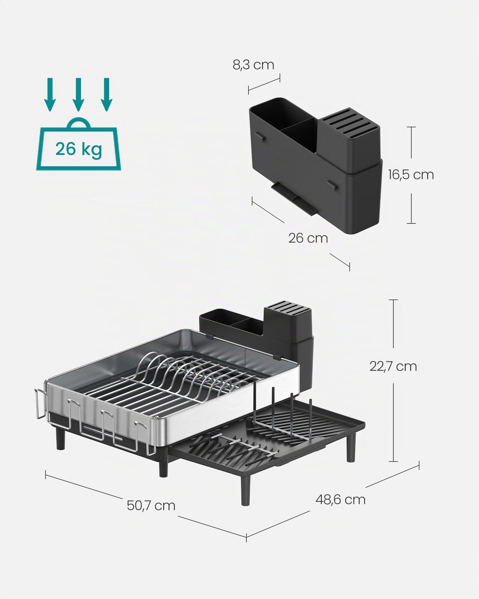 SONGMICS Escurreplatos expandible, escurridor de Platos de Acero Inoxidable con Boquilla giratoria, Utensilios, Tazas, Vidrio, Tabla de Cortar y Soportes para sartenes, Plateado y Negro KCS037B01