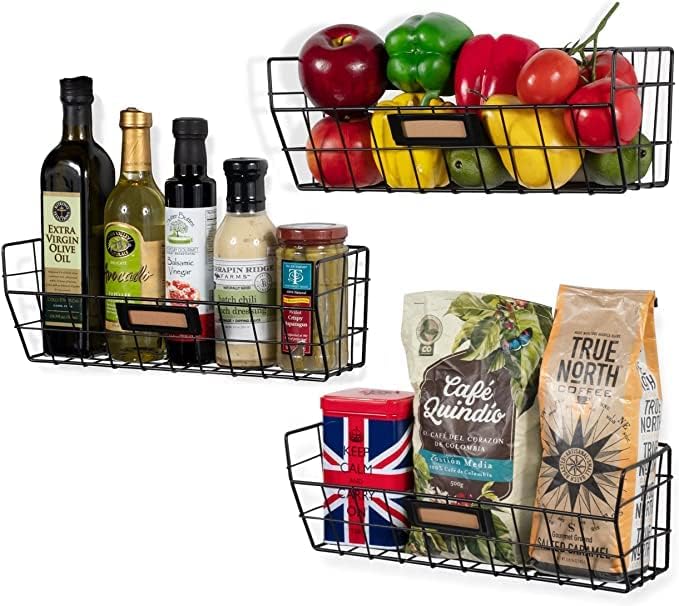 Miniatura 2 de Cesta de alambre montada en la pared, organizador de despensa, cesta de frutas de diferentes tamaños, juego de 3 unidades, color negro