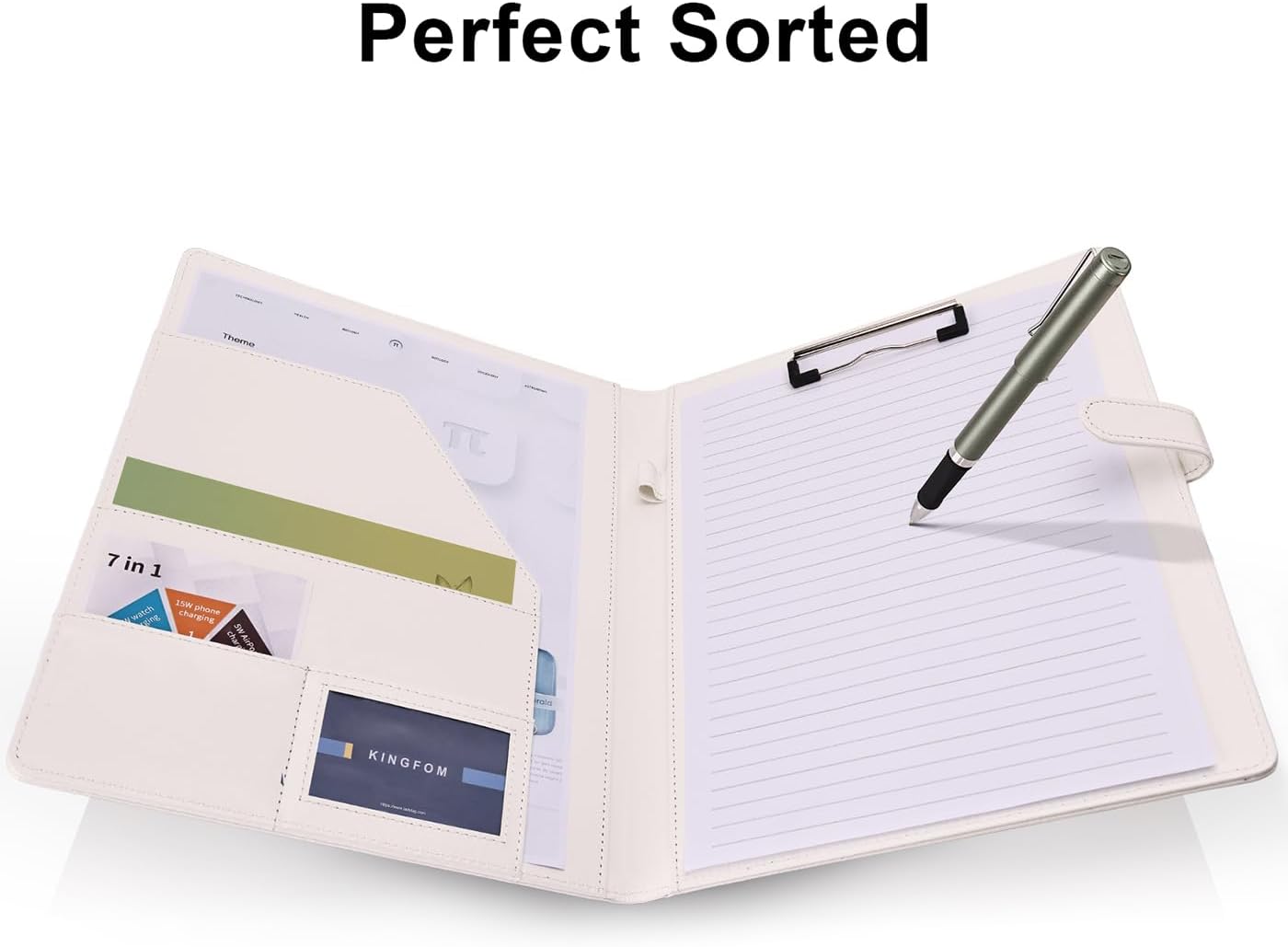 KINGFOM Professional Business Padfolio Clipboard Folder Portfolio, PU Leather Clipboard Organizer with Cover for Legal Pad Holder, Letter Size Resume/Document Portfolio Folder for Men Women White