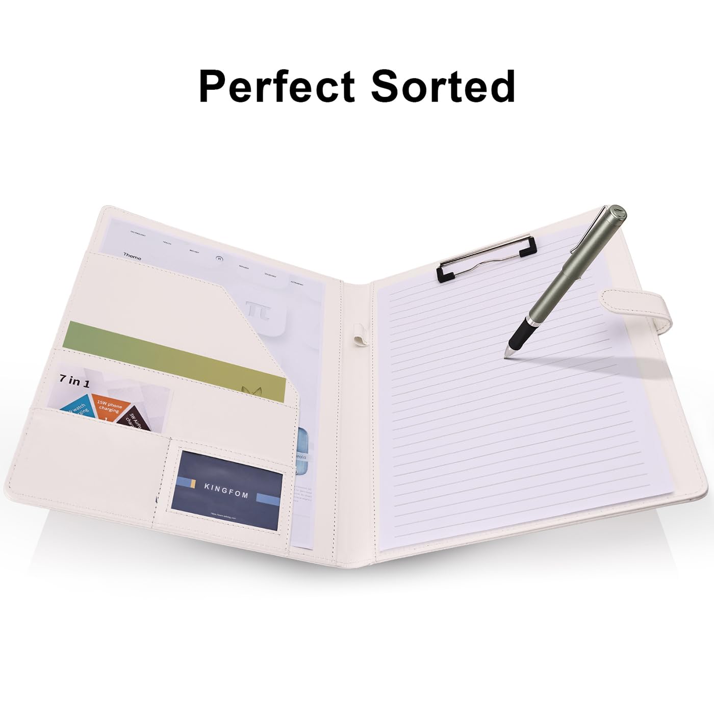 KINGFOM Professionelles Business-Padfolio, Klemmbrett-Mappe, PU-Leder, Klemmbrett-Organizer mit Abdeckung für rechtliche Blockhalter, Briefgröße, Lebenslauf/Dokumentenmappe für Männer und Frauen, Weiß