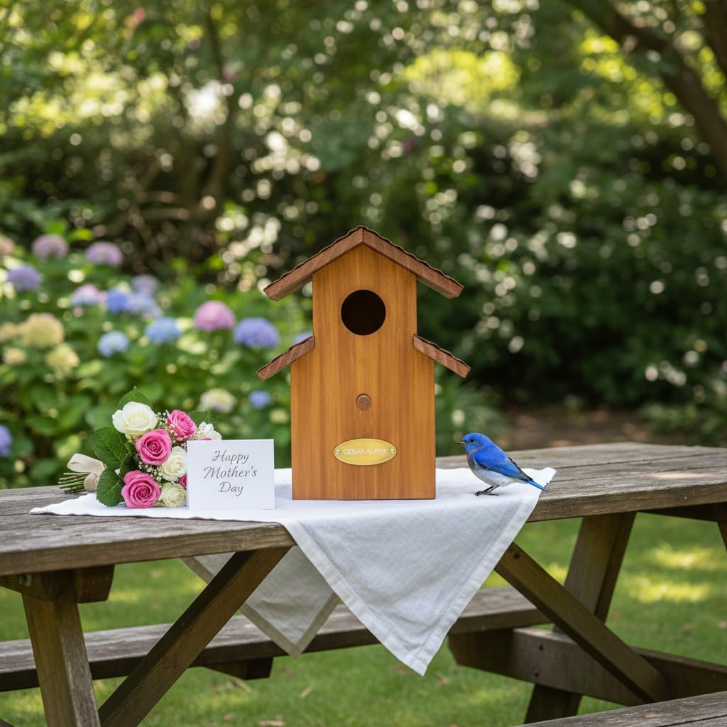 Water Proof Bluebird House for Outside, 2 Layers Metal Roof Water Proof, Outdoor Lifetime Durability Solid Cedar Wood Bird House for Pole, Secure Latch, Updated 1.5" Hole Size (Comfy Mansion)