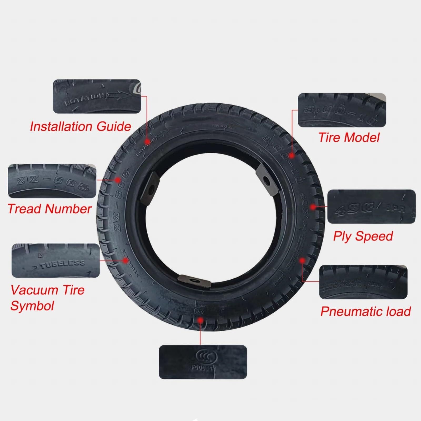 3.00-10 Opona do Skutera Tubeless Głęboki Bieżnik 3.00/10 8PR 49J 3.00 10 407lbs dla Skutera Mobilnościowego E-Bike Wózka Inwalidzkiego