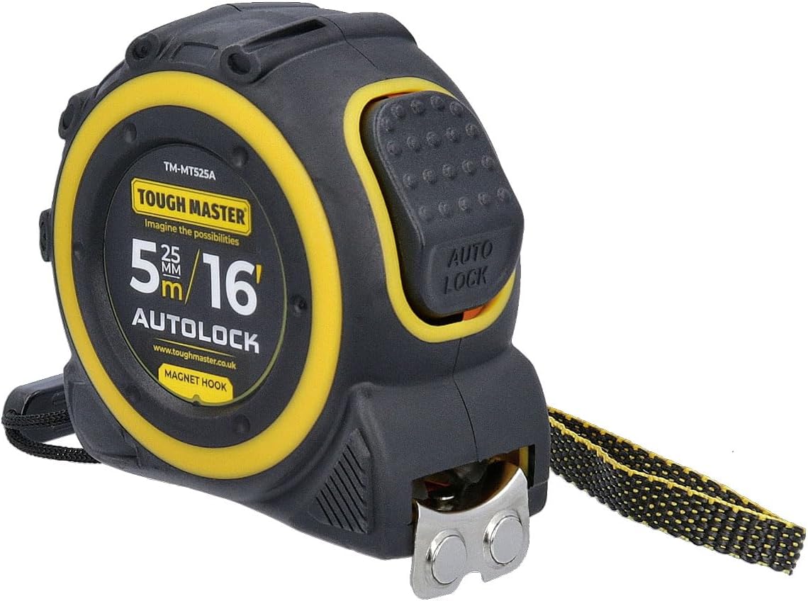 Autolock Measuring Tape 5M, Sturdy Metric Tape Measure with Class II Accuracy, Nylon-Coated Steel Blade, Magnetic Ended Hook, Rubber Grip for Home DIY & Industrial Use (1)