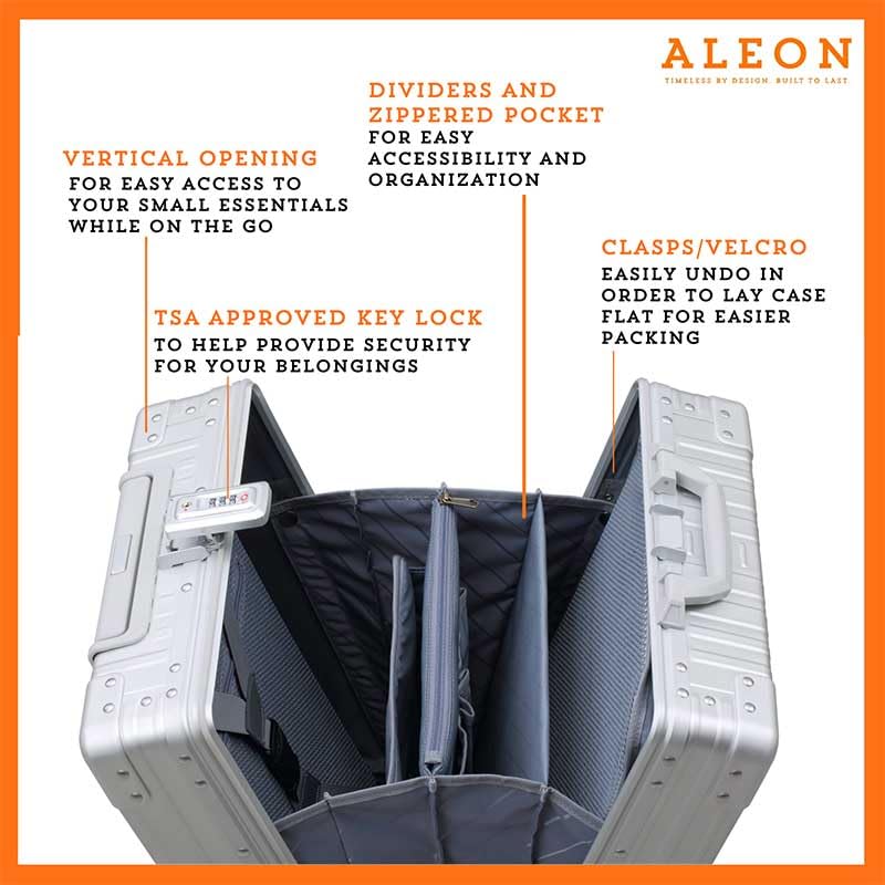 Image of All-Aluminum 21 inch Vertical Carry-On Business Briefcase, TSA-Approved Hardshell Case, Spinner Wheels, Laptop Compartment, Aluminum Frame Cabin Bag for Travel & Business, Durable & Sleek (Platinum)