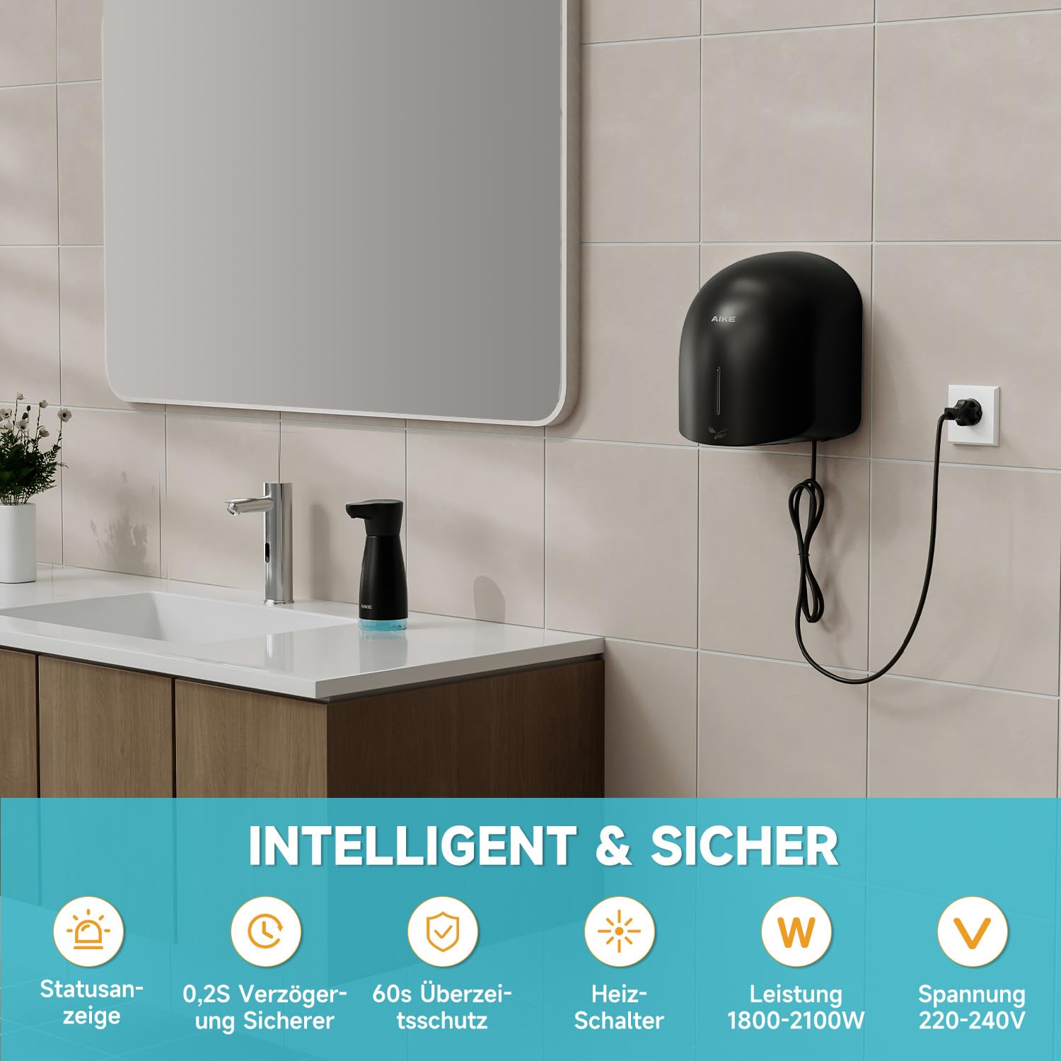 AIKE GentleAir Warmluft Handtrockner, Leise für Zuhause & Bäder, AC220V-240V, Mitternacht Schwarz