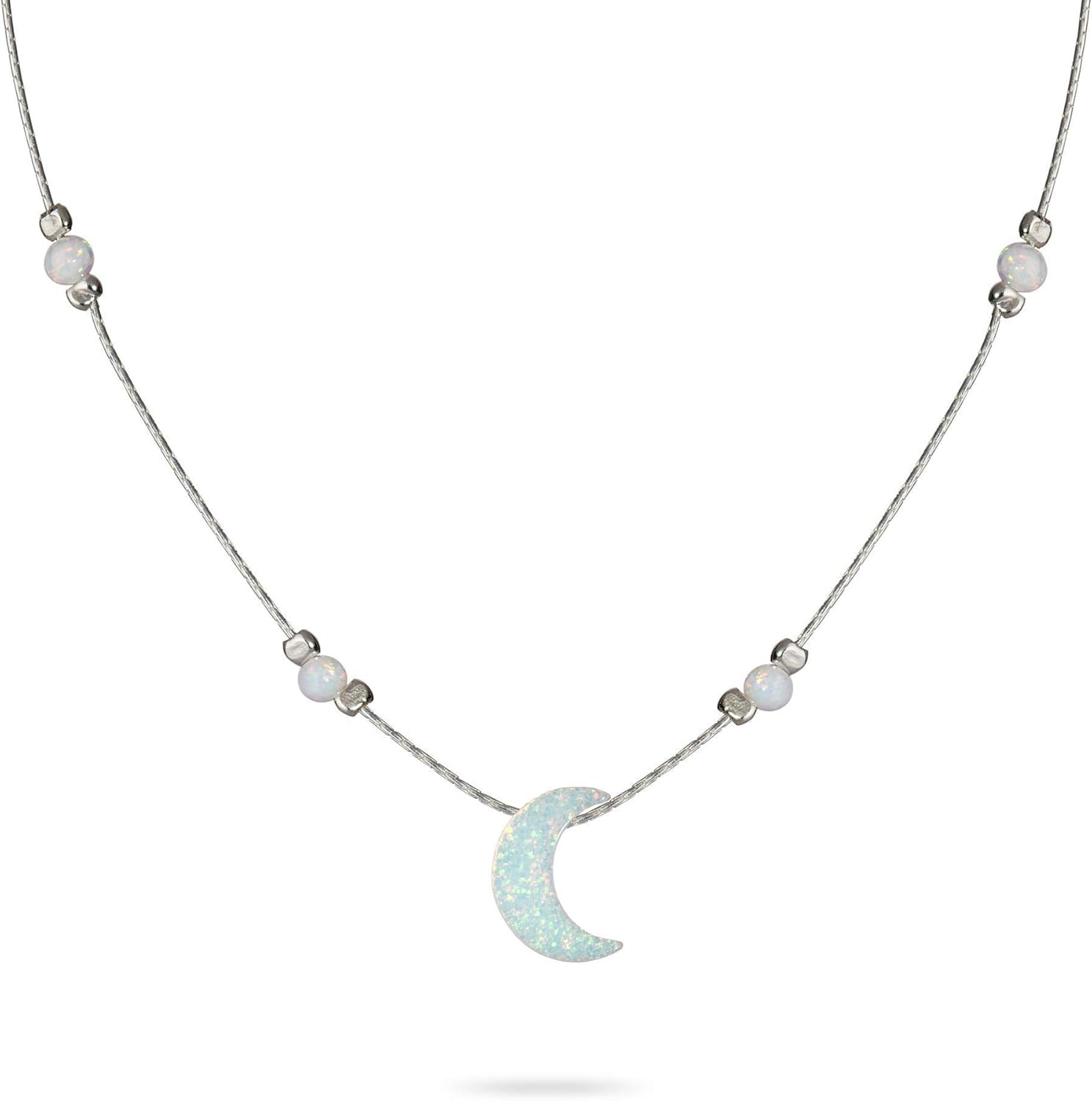 AVNIS White Opal Moon Necklace Crescent Moon Choker Jewelry, Dainty Box chain Length 16+2 Inches extender Gift for Girl Women