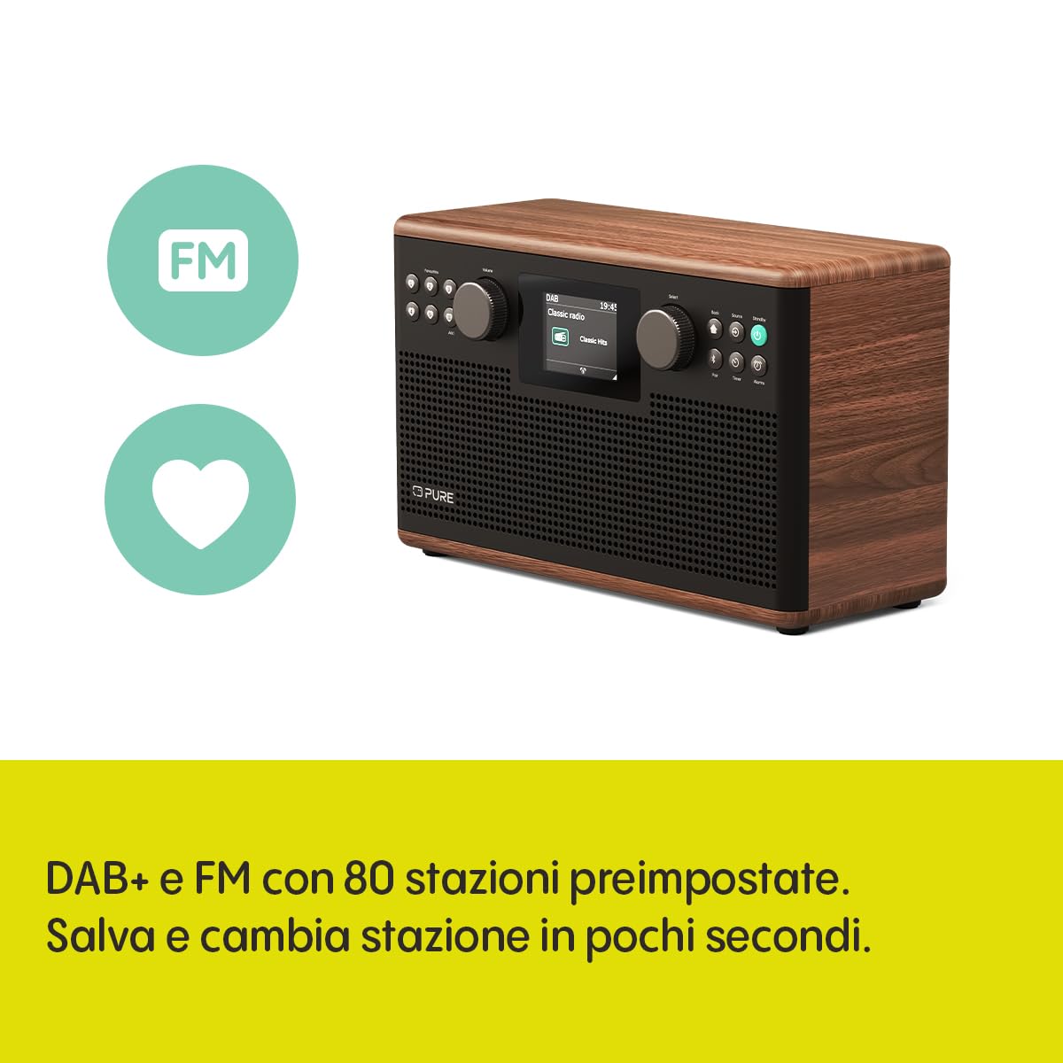 Pure Classic H6 Radio Estéreo Digital con DAB+, FM, Bluetooth 5.3, Pantalla TFT 2,4", 2×15 W, Marrón Café/Nogal