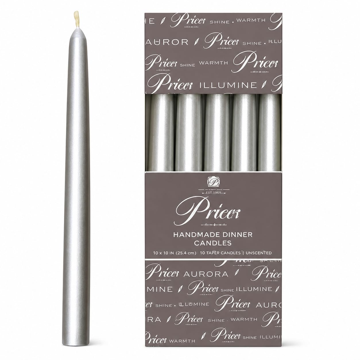 Price’s Venetian 10"" Dinner Candles Individually Wrapped - Pack of 10 - SILVER