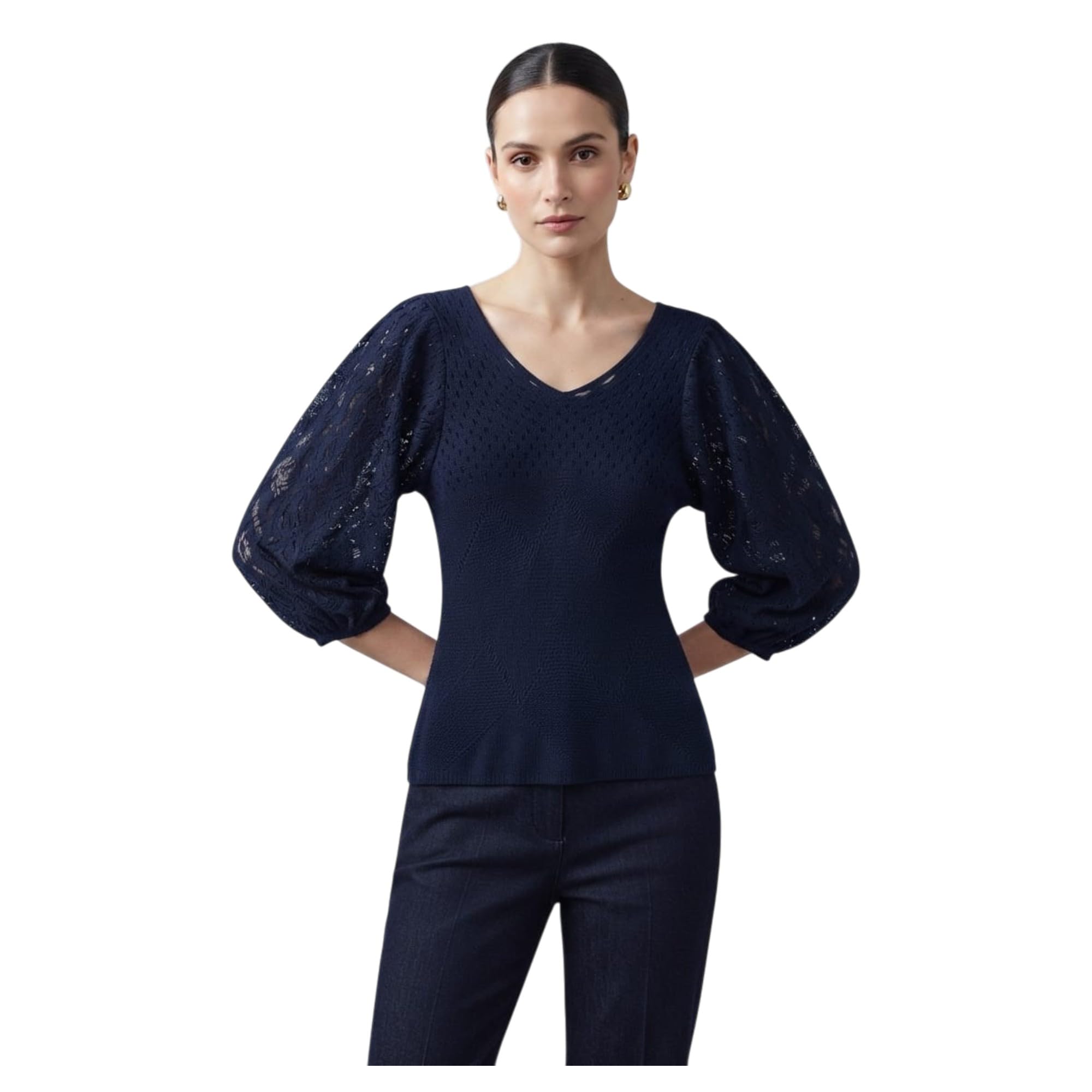 women's 100% cotton v-neck knit top | 3/4 lace puff sleeve fitted pullover sweater | soft breathable lightweight casual spring summer sweater for women